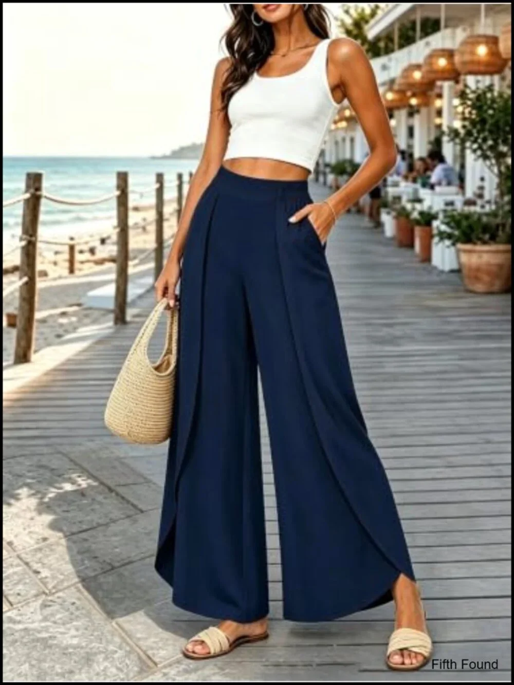 Wide Leg Palazzo Pants High Waisted Flowy Side Split with Pockets